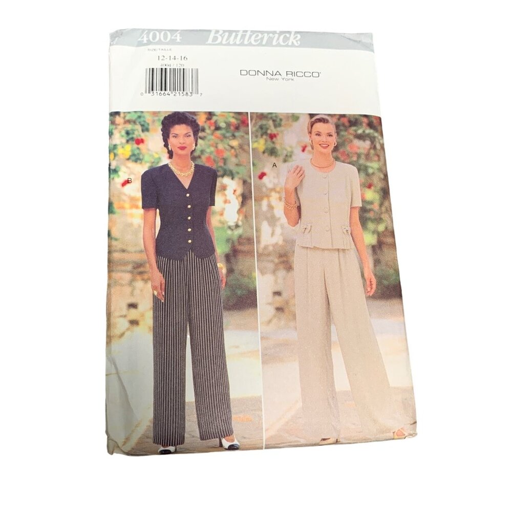 Butterick 4004 Donna Ricco Sew Pattern Suit Top Pants Size 12-14-16 uncut 1995